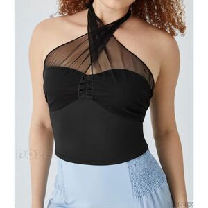 Halara Black Halter Neckline Top Crisscross Tie-Back Crop Top Mesh Neck Y2K S